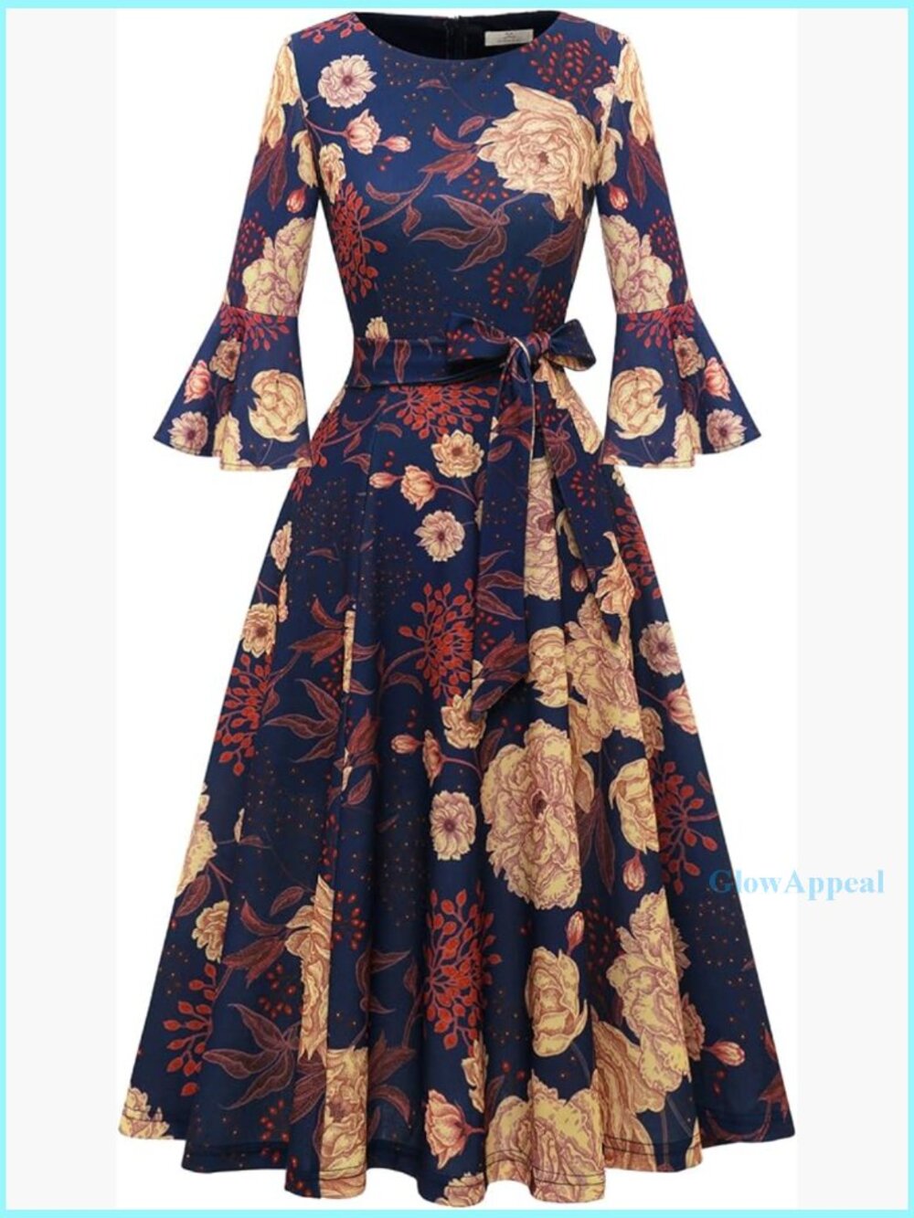 Vintage Bell Sleeve A-Line Midi Dress For Wedding Guest Church Cocktail